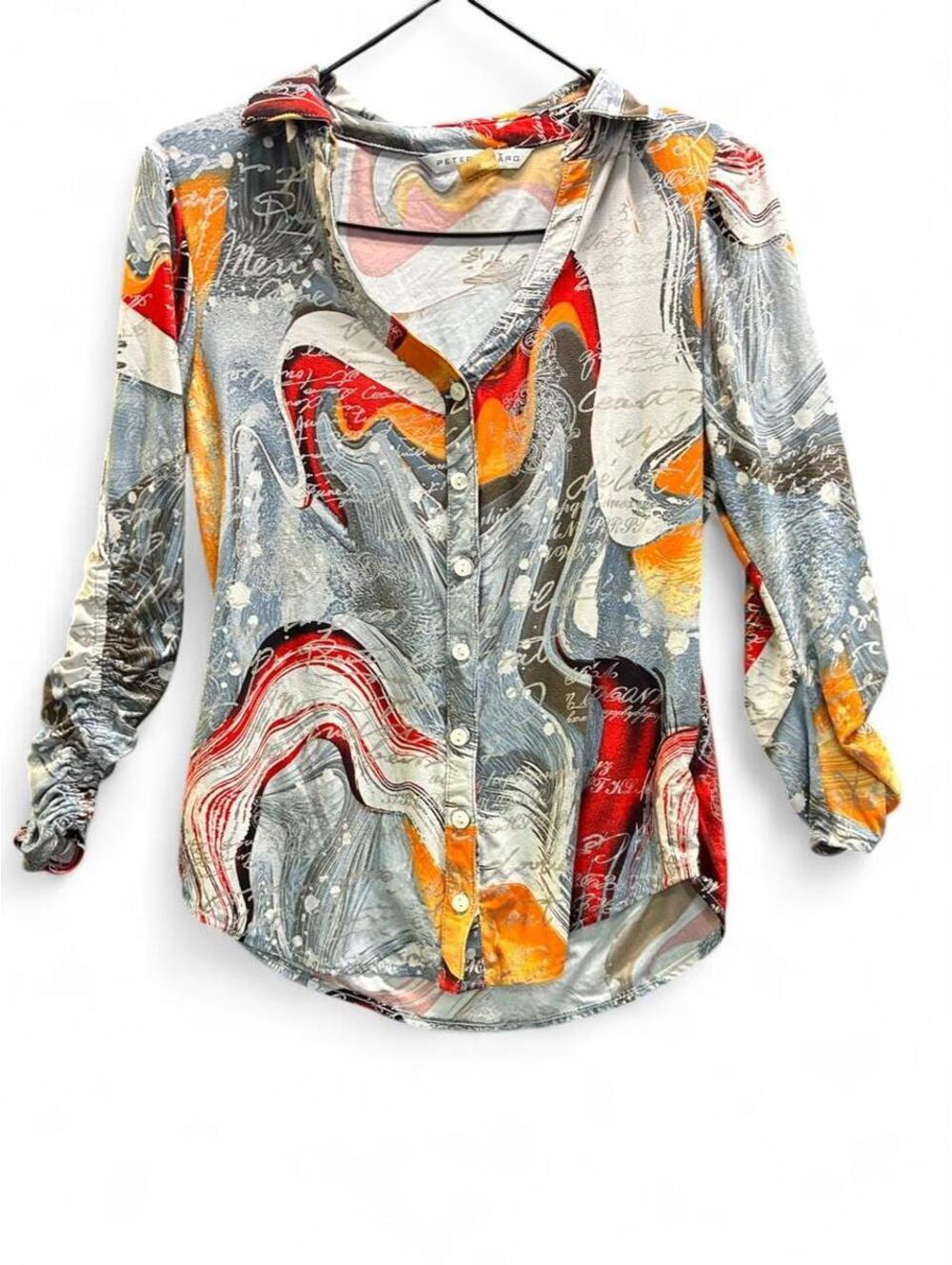 Peter Nygård blouse with abstract swirls in red, orange, and gray